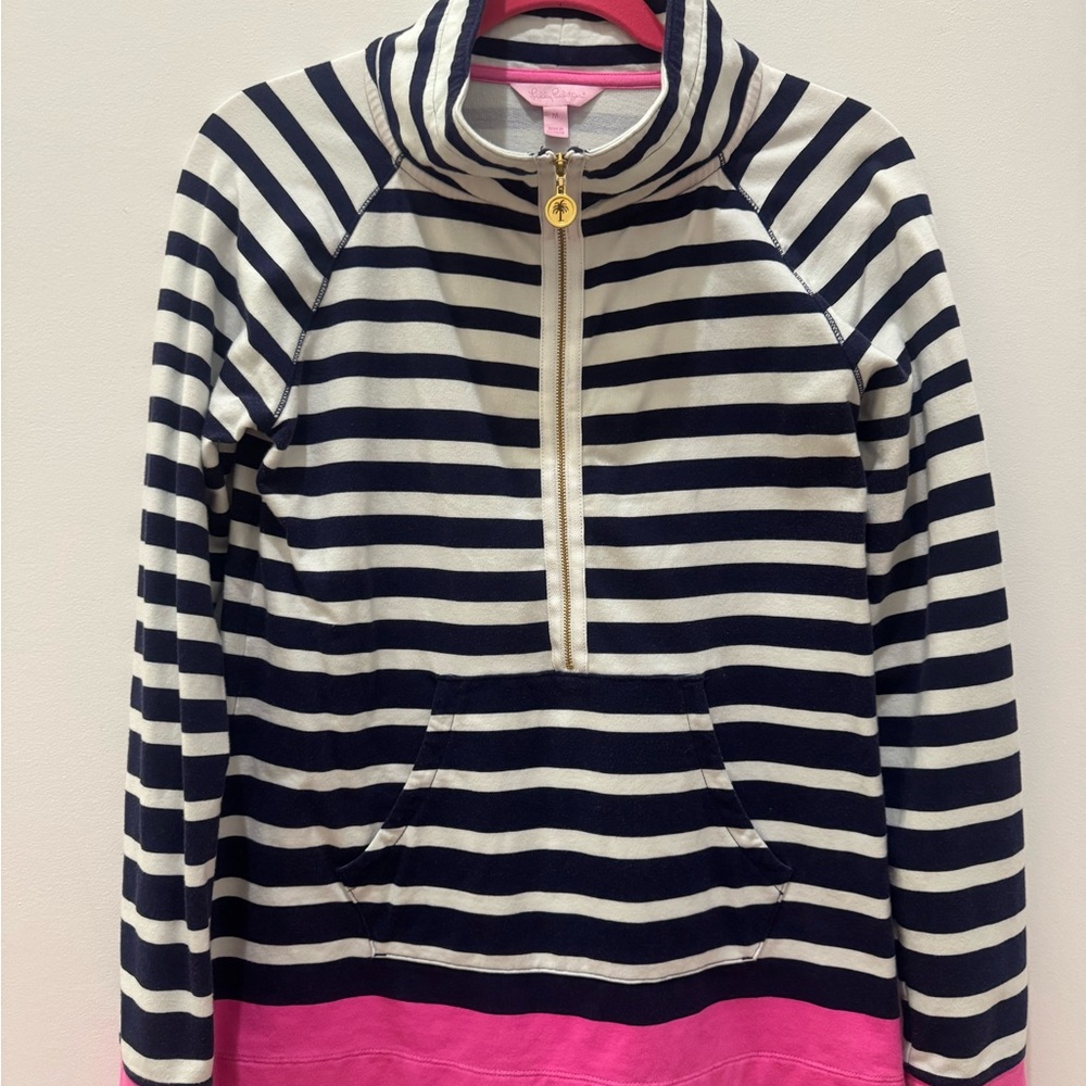 Lilly Pulitzer Striped Half-Zip Navy Pullover with Pink Accent